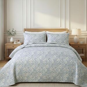 NEW West Elm Blue Botanical Boho Print Queen / King Bedding Quilt & Sham Set